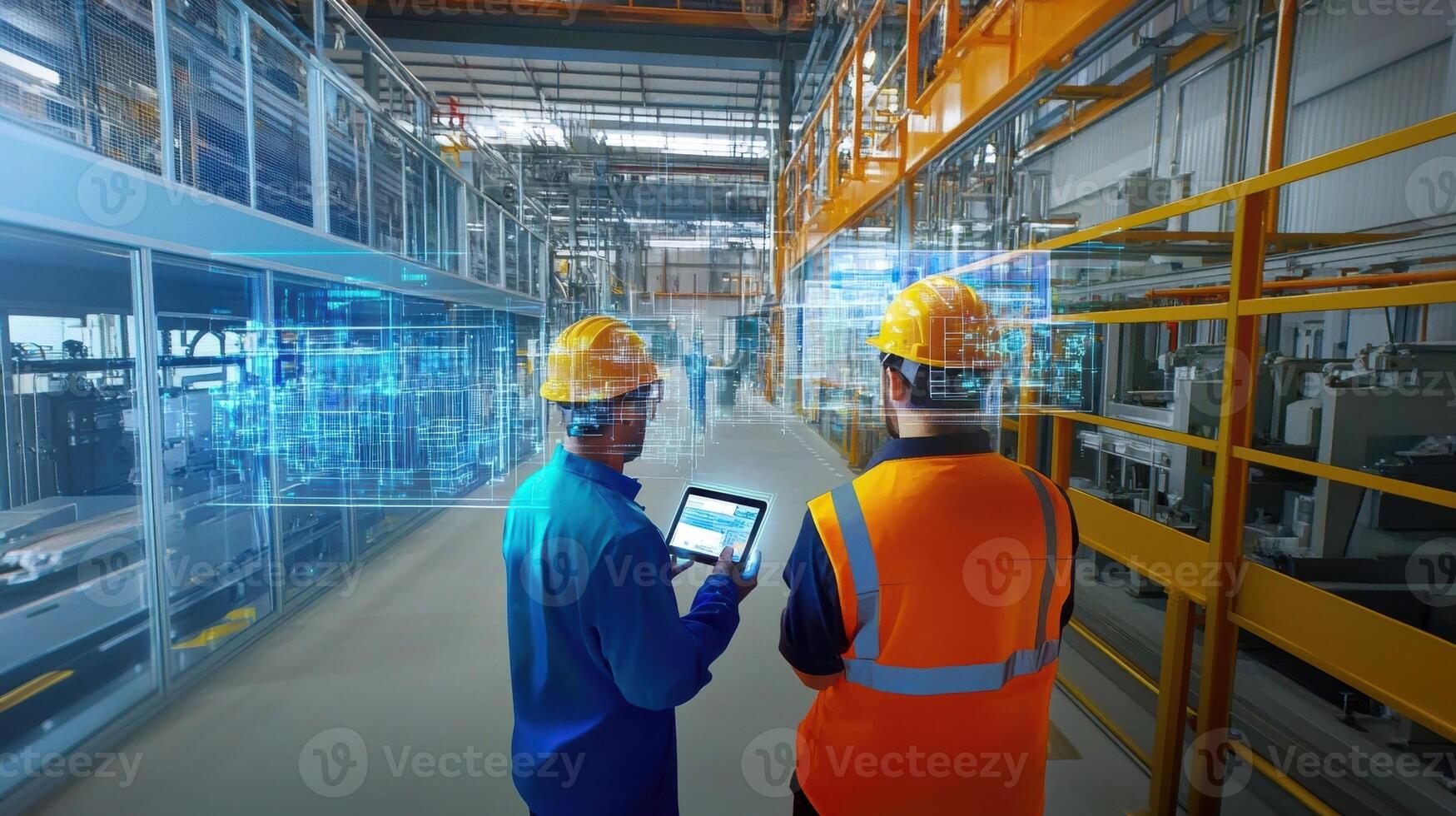 Two workers in a manufacturing plant use handheld AR devices to visually annotate components with feedback enhancing their communication and understanding of the assembly process photo