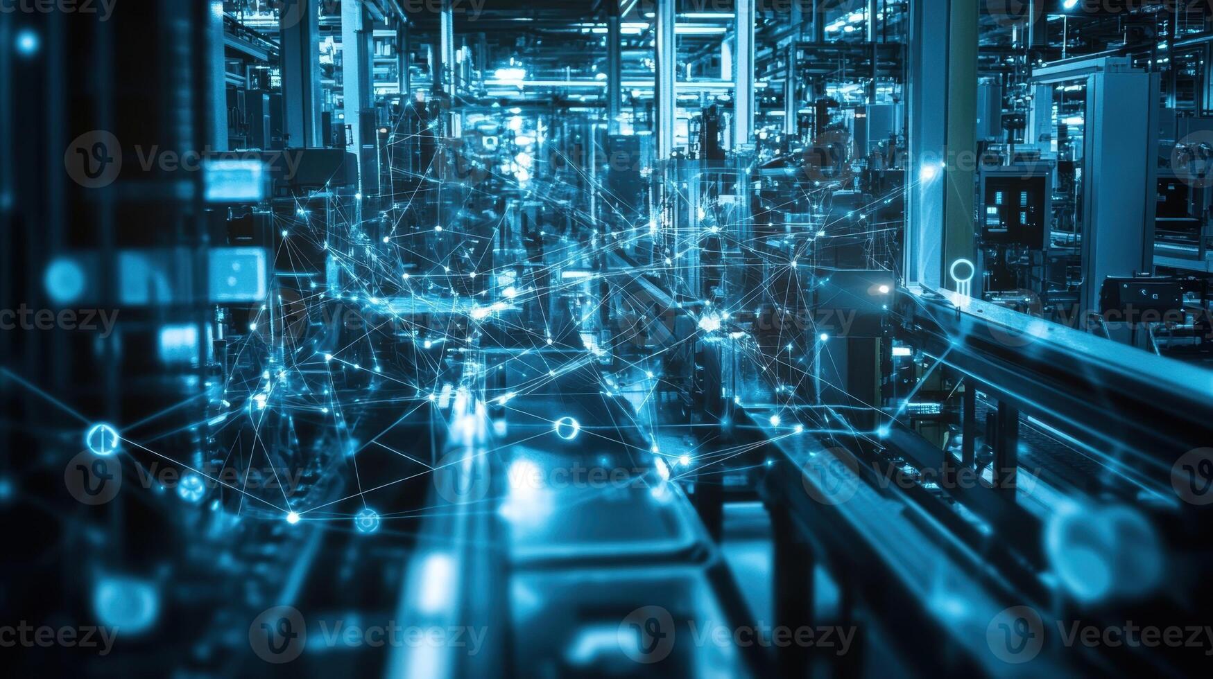 A of smart devices linked together by a fine web of digital signals capturing the essence of a fully connected factory environment empowered by 5G technology photo
