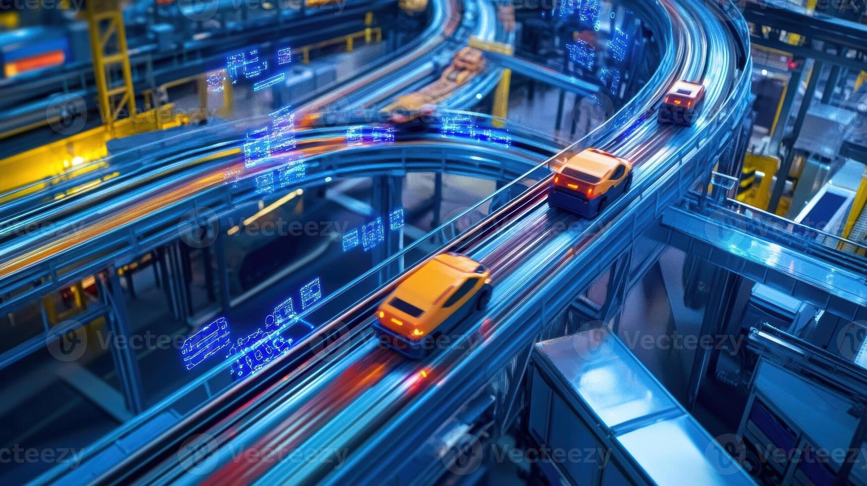 An overhead shot of a conveyor system with autonomous carts in transit showcasing the coordination of different vehicles and the vibrant network signals pulsing in the background photo
