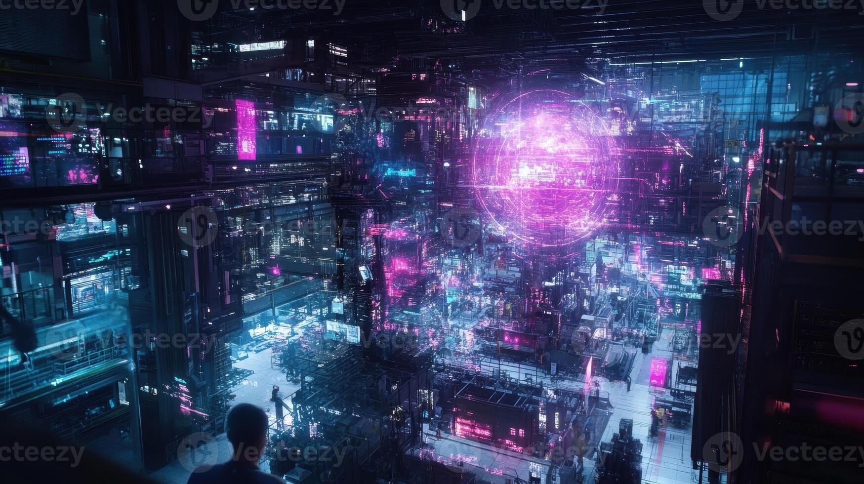 Layers of digital technology surrounding a factory assembly area revealing a holographic projection that delivers insights on production flow facilitated by rapid 5G transmission photo