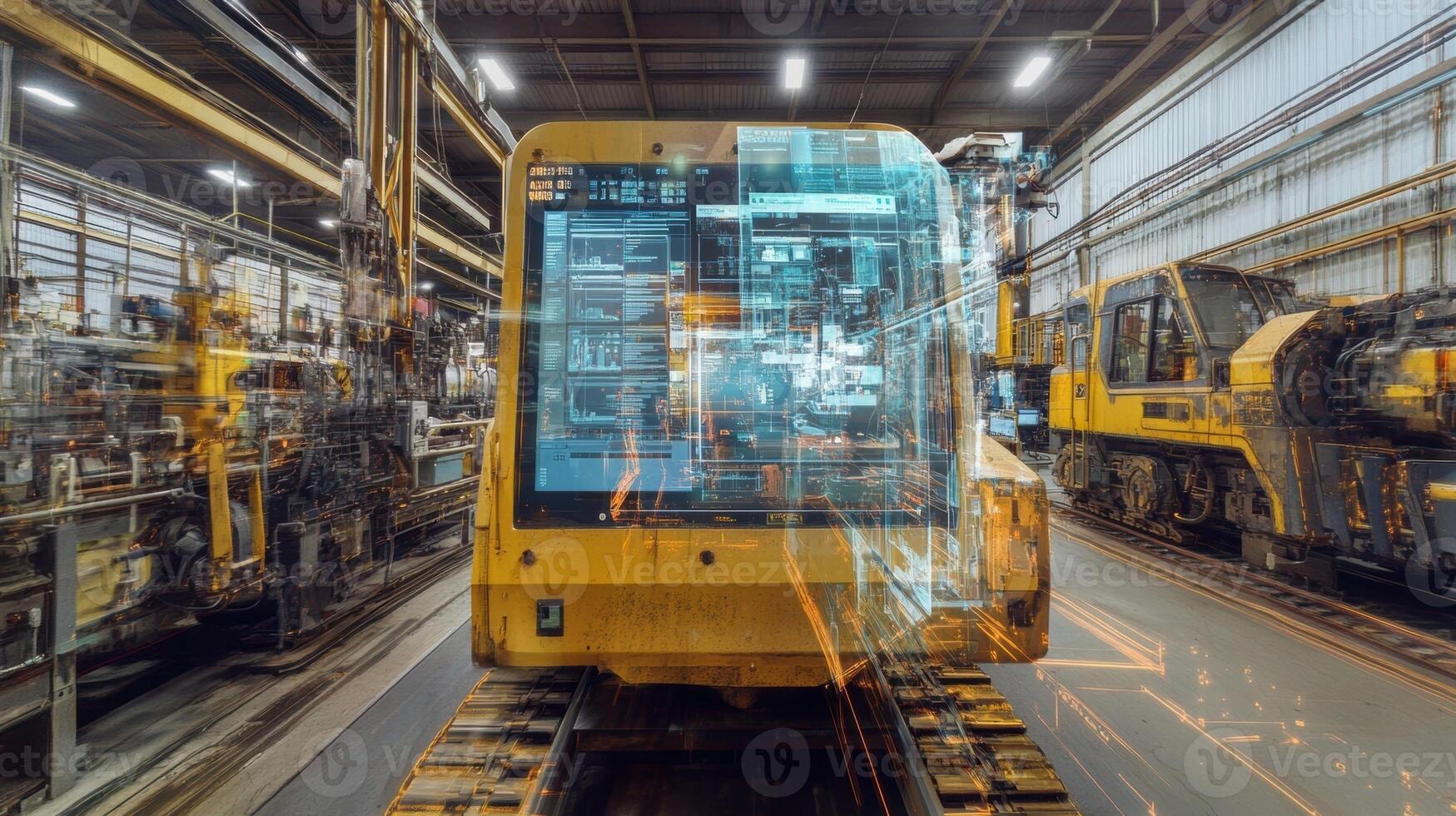 Zoomedin imagery of an AR interface projecting maintenance history and analytics in realtime directly onto a piece of equipment in a busy factory photo
