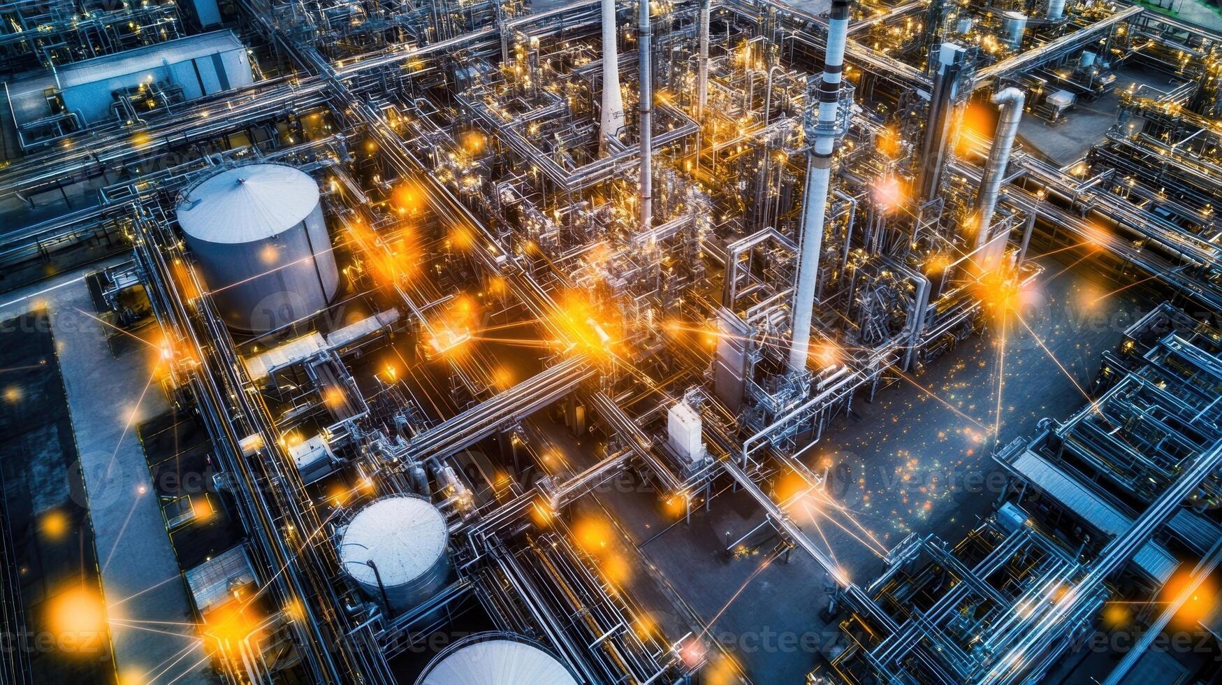 An overhead view of a factory with AR elements highlighting the interconnected systems and processes showcasing how 5G technology enhances visibility and communication across operations photo