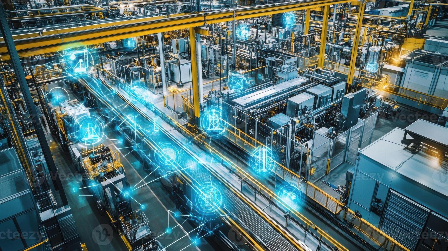 An aerial view of sensor nodes in a manufacturing facility with visual connections indicating the flow of information showcasing the expansive coverage and speed of 5G networks photo