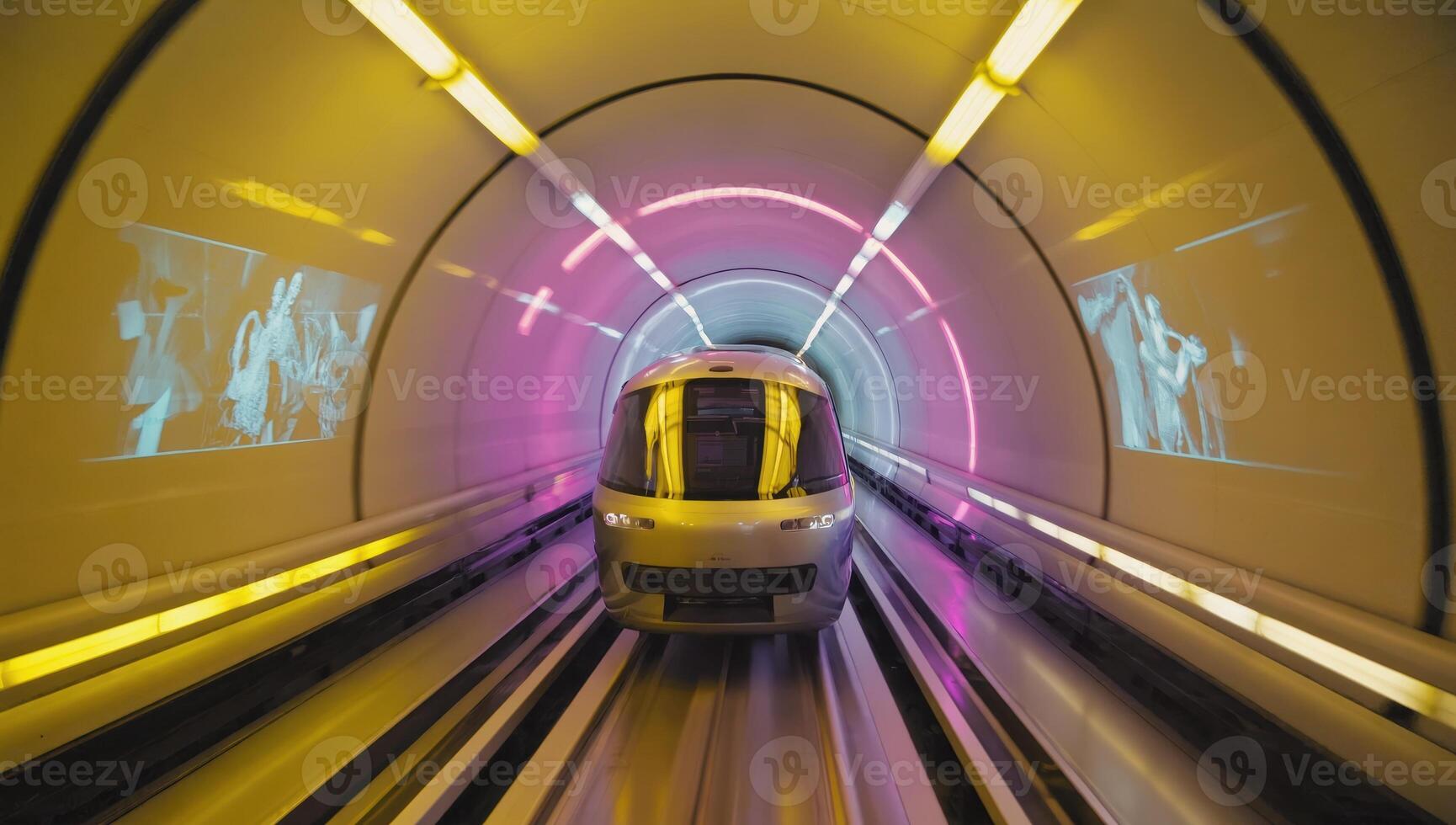 Futuristic autonomous vehicle moving through illuminated tunnel photo