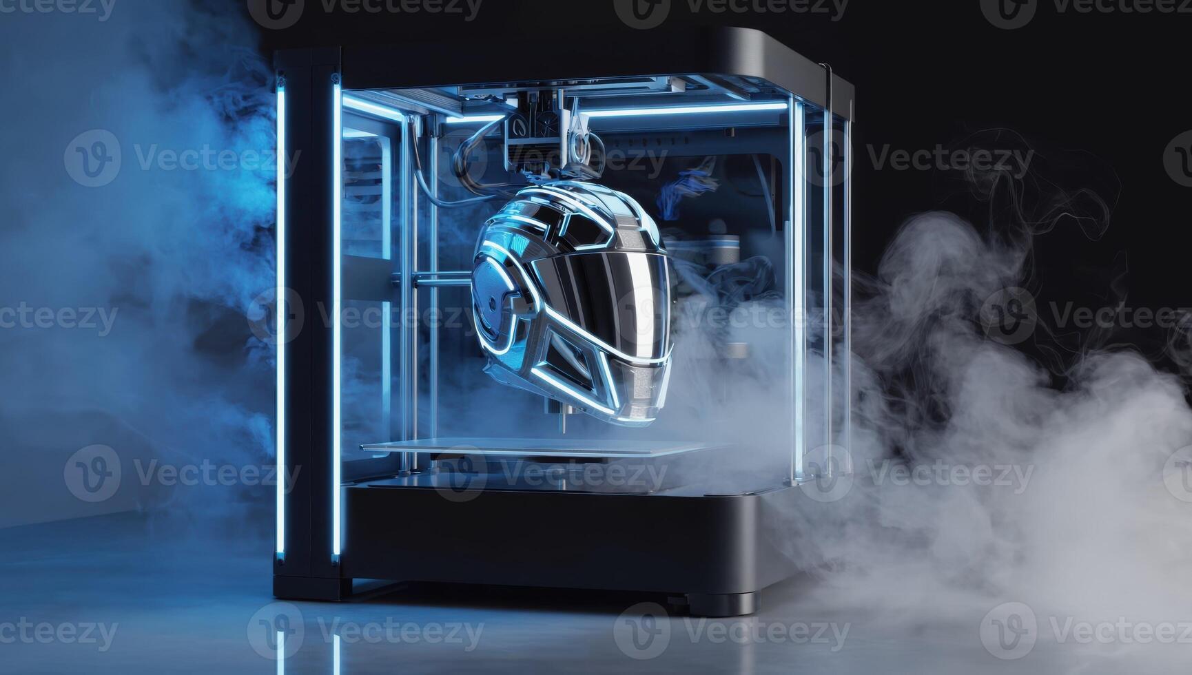 3d printer creating futuristic helmet with blue lights and smoke photo