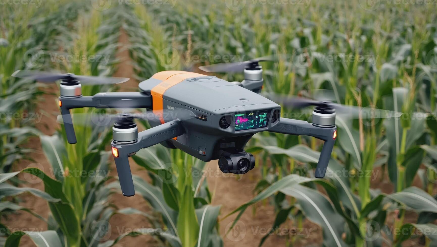 Drone flying over a green cornfield capturing images for agriculture analysis photo