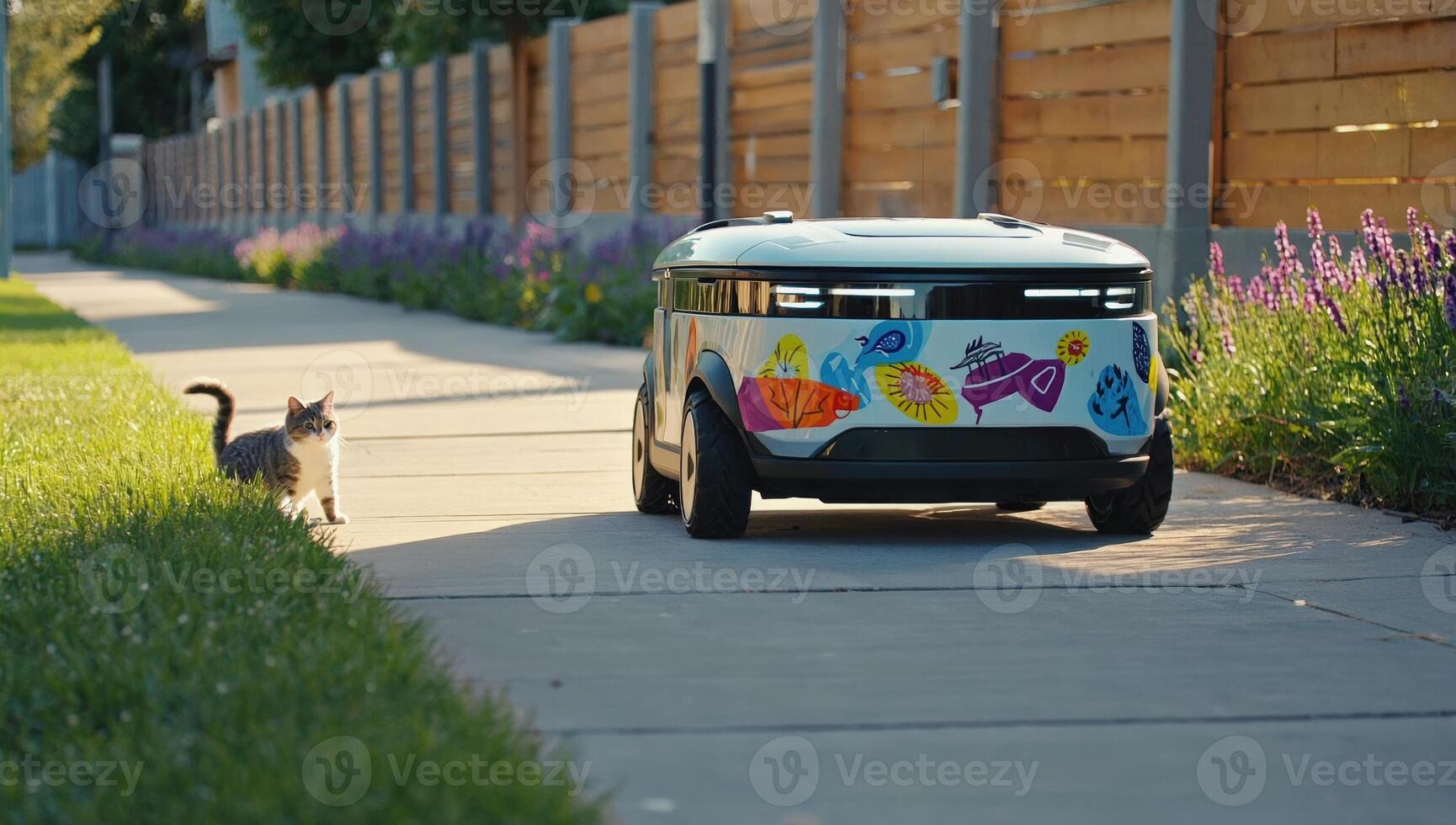 Autonomous delivery robot meeting a cat on a suburban street photo