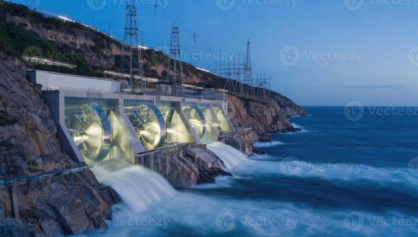 Hydroelectric power plant generating electricity at dusk photo