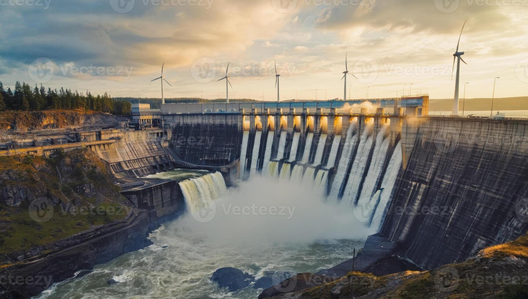 Hydroelectric power plant generating electricity with water and wind turbines at sunset photo