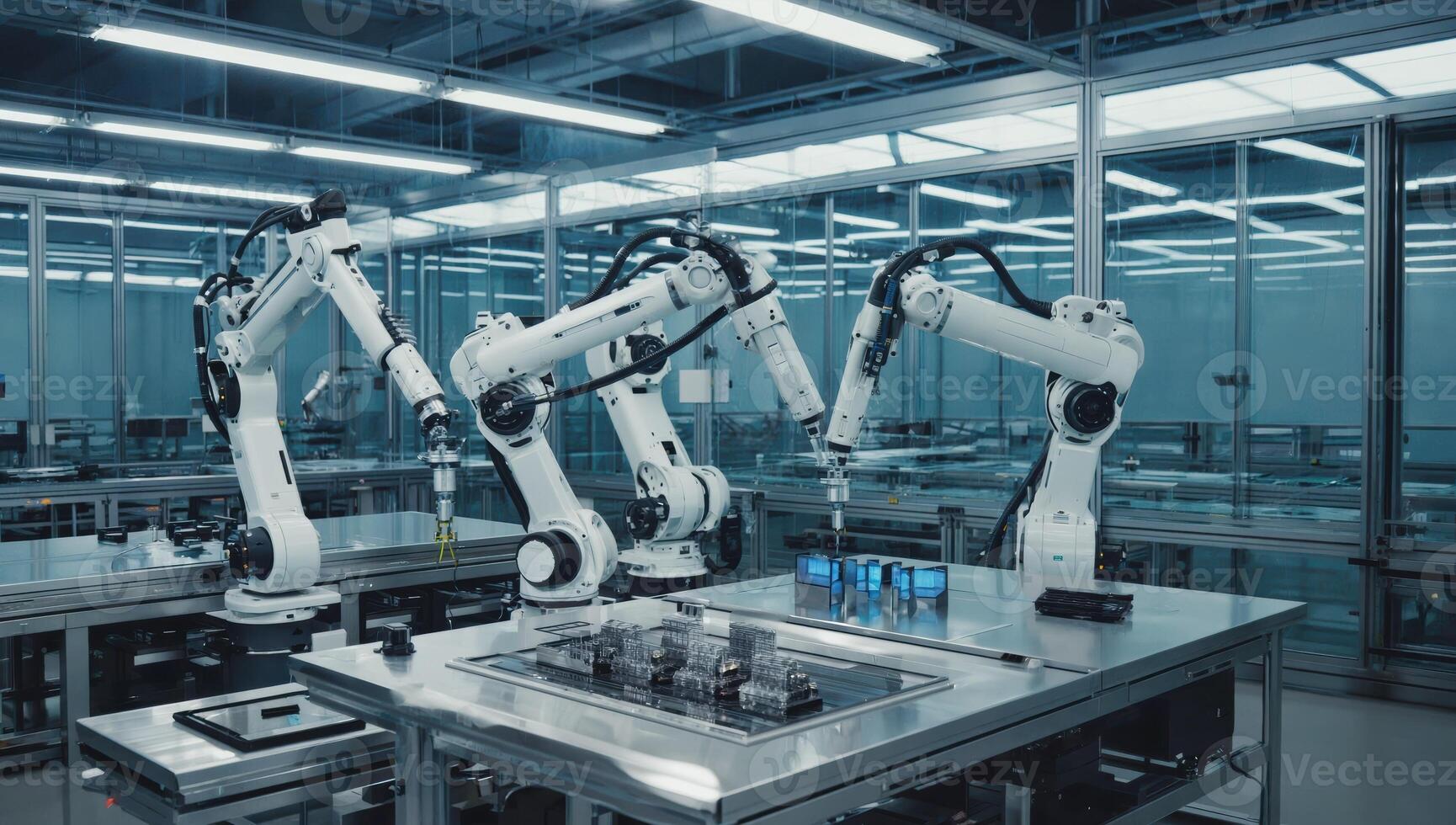 Robotic arms working on electronic components in modern factory photo