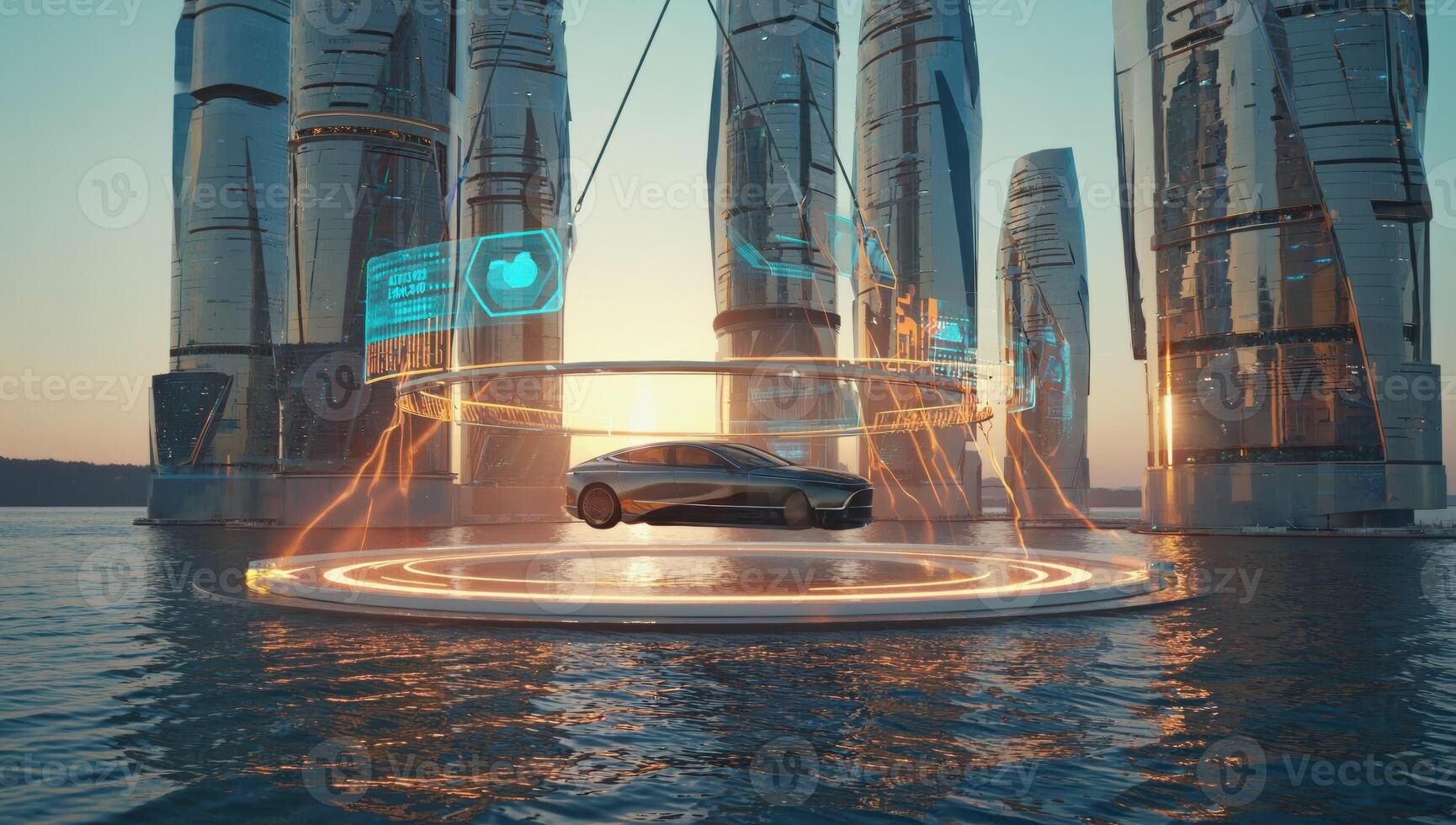 Futuristic flying car displayed in innovative city during sunset photo