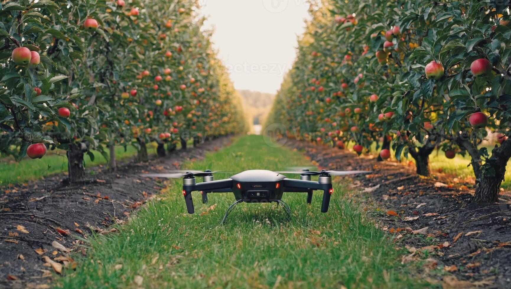 Drone monitoring apple orchard, implementing precision agriculture for enhanced productivity photo