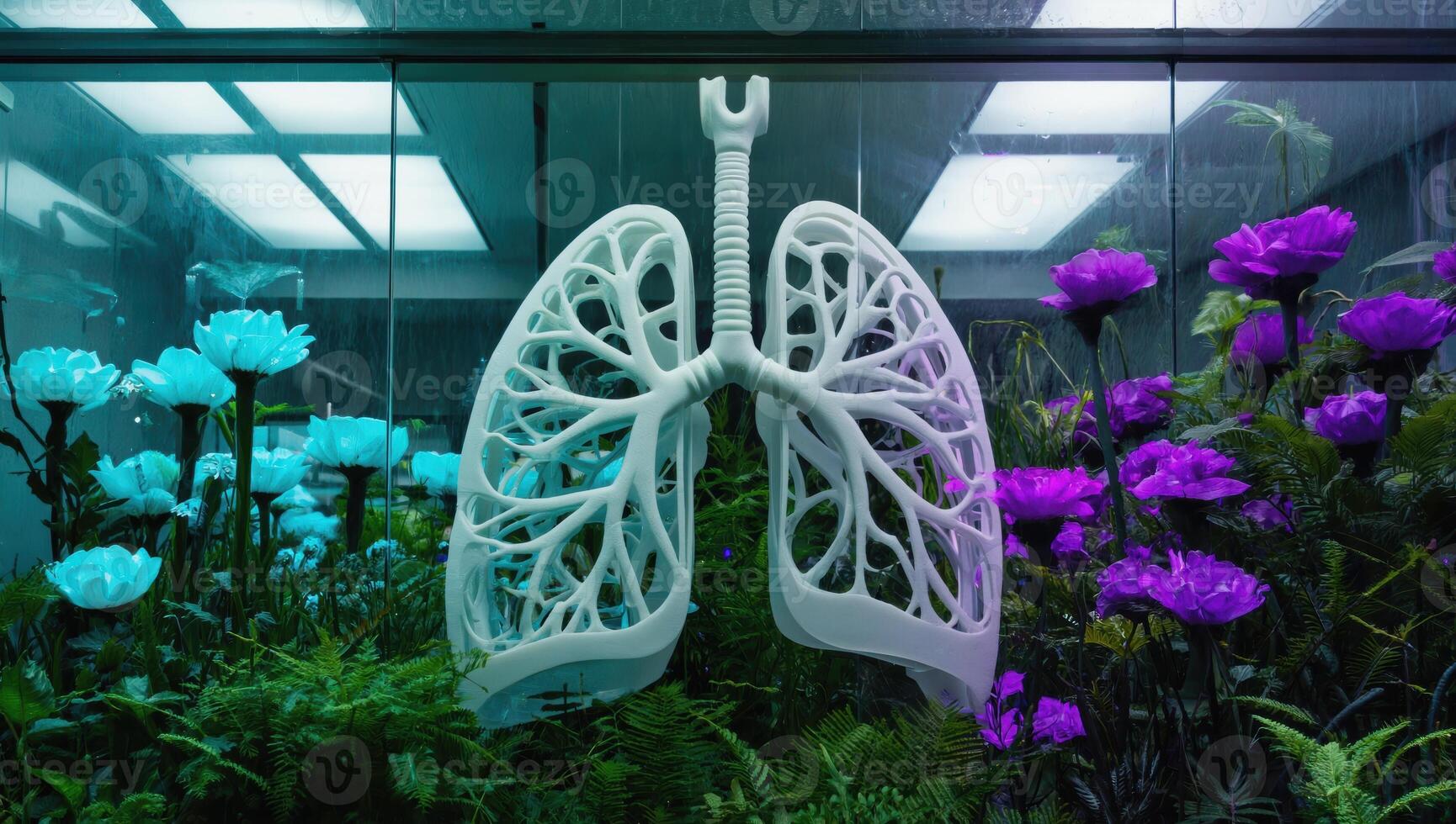 White anatomical model of human lungs displayed in greenhouse with artificial plants photo