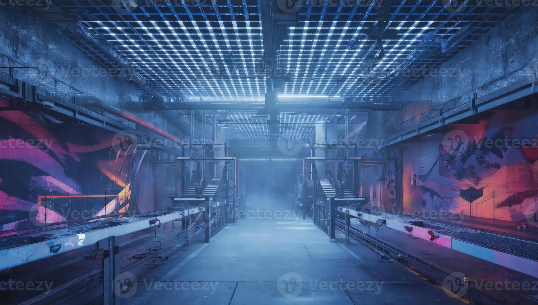 Empty industrial futuristic underground corridor with neon lights and graffiti art photo