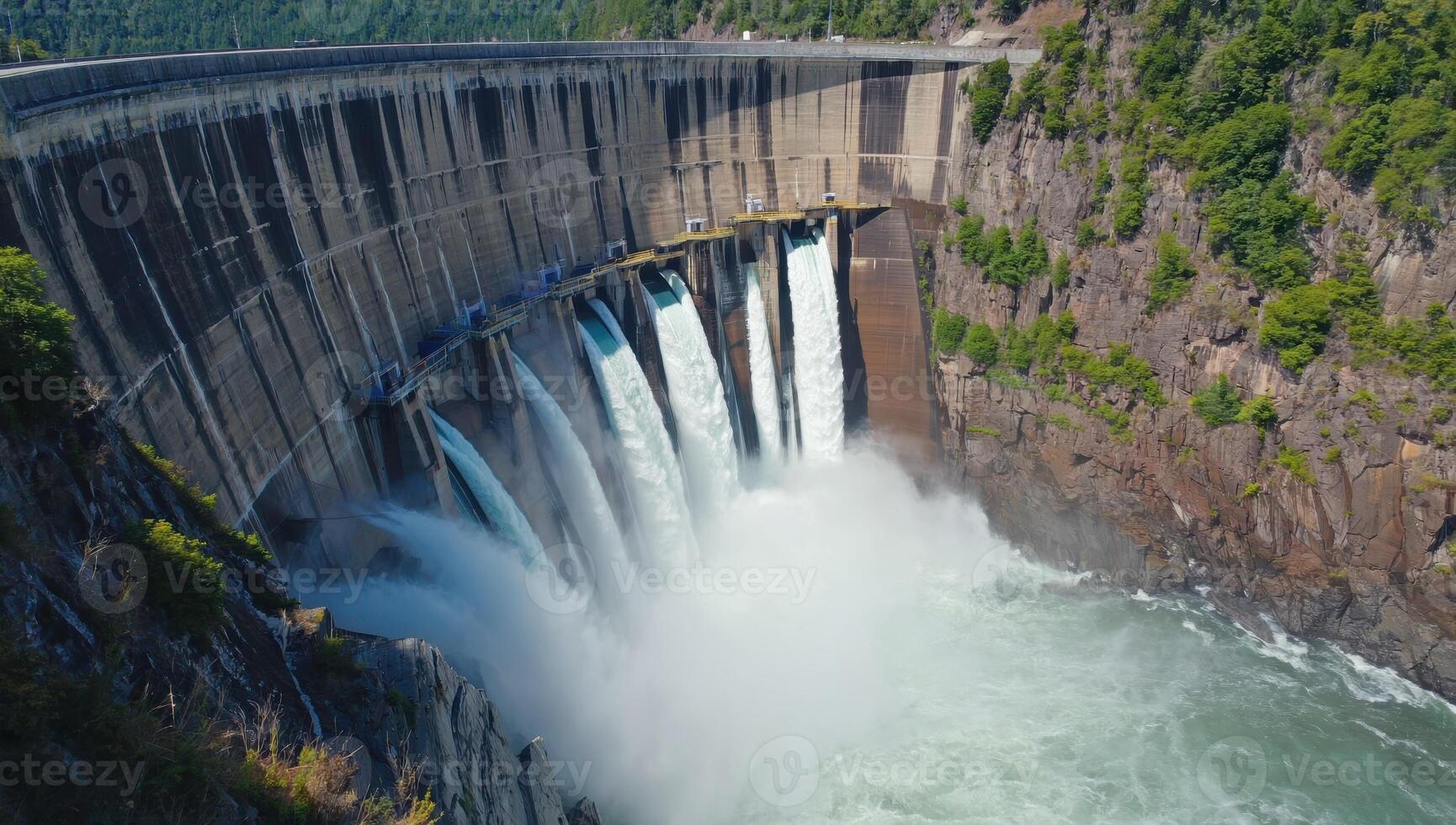 Powerful water flowing through hydroelectric dam spillway generating clean energy photo