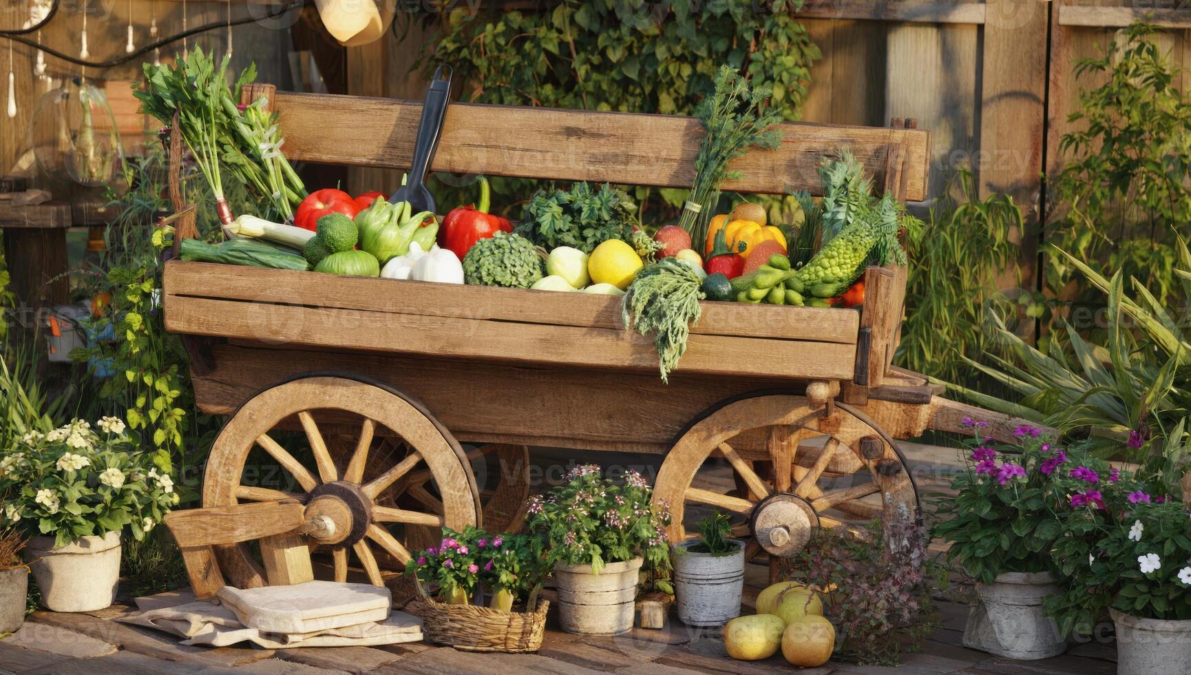Fresh vegetables and fruits overflowing from rustic wooden cart in garden setting photo