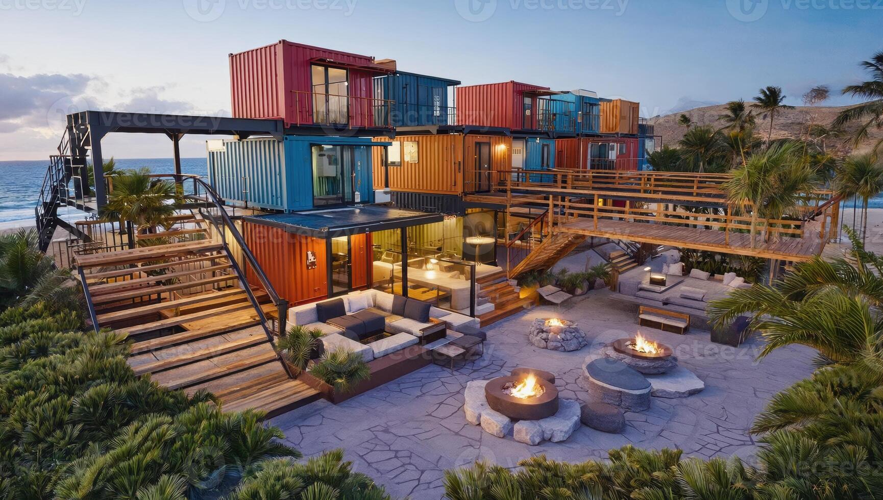 Modern beachfront container home embracing sustainable living at sunset photo