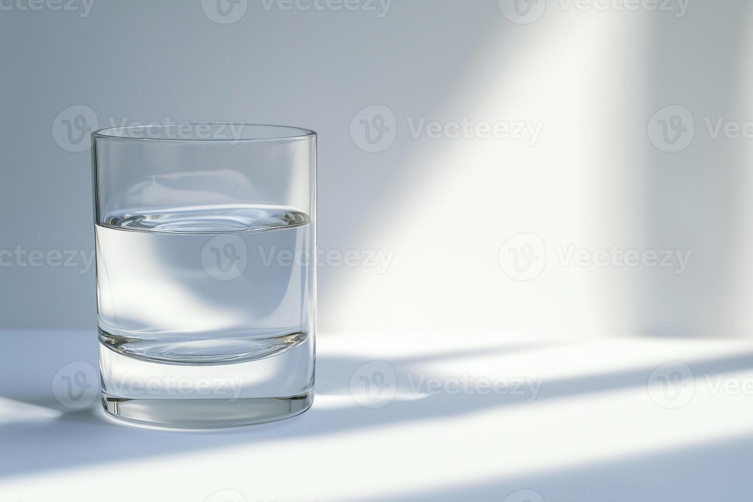 A glimmering glass of water reflecting sunlight on a serene, bright morning. photo