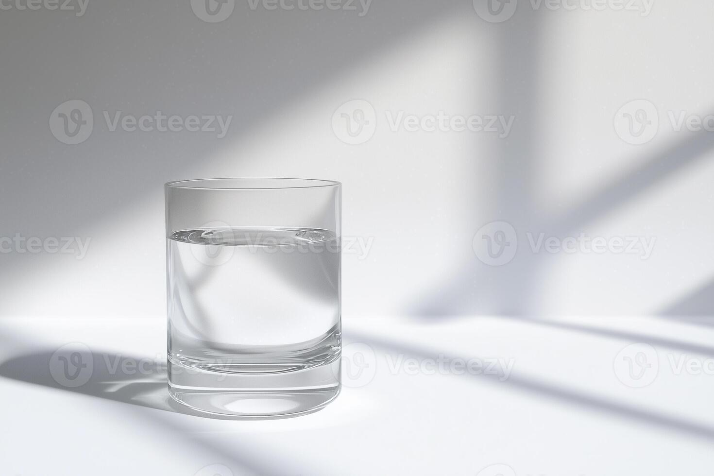 A glass of clear water reflecting soft light in a serene and minimalist setting. photo