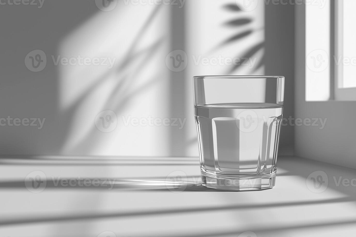 A clear glass of water on a windowsill, bathed in soft sunlight and gentle shadows. photo