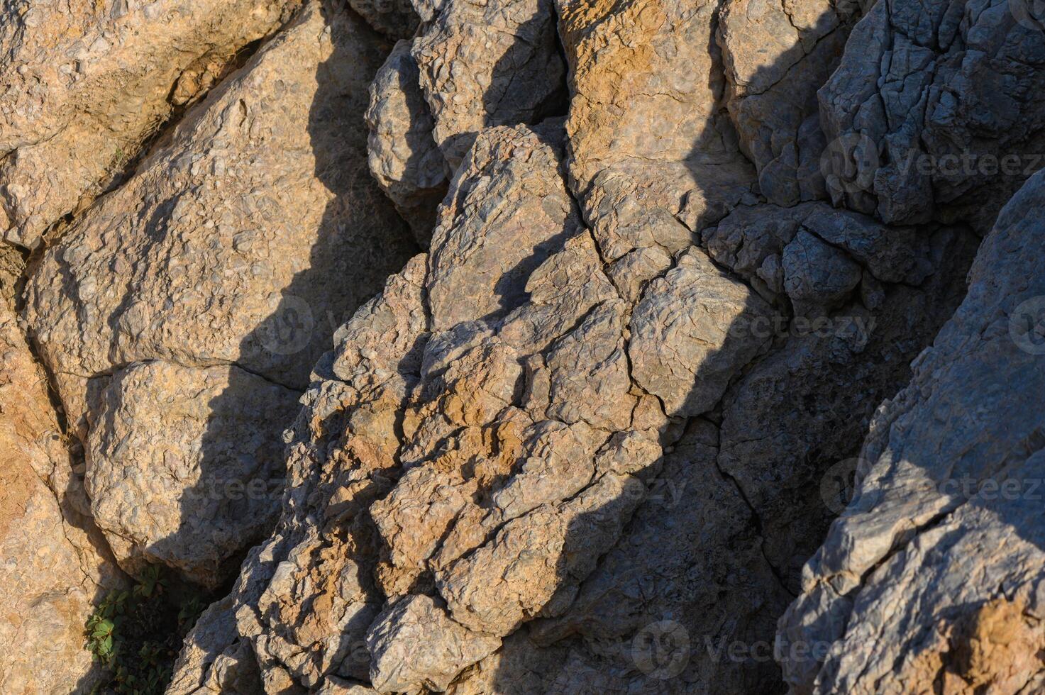 Intricate patterns in sunlit rock formations at the coast create a natural masterpiece at sunset. photo