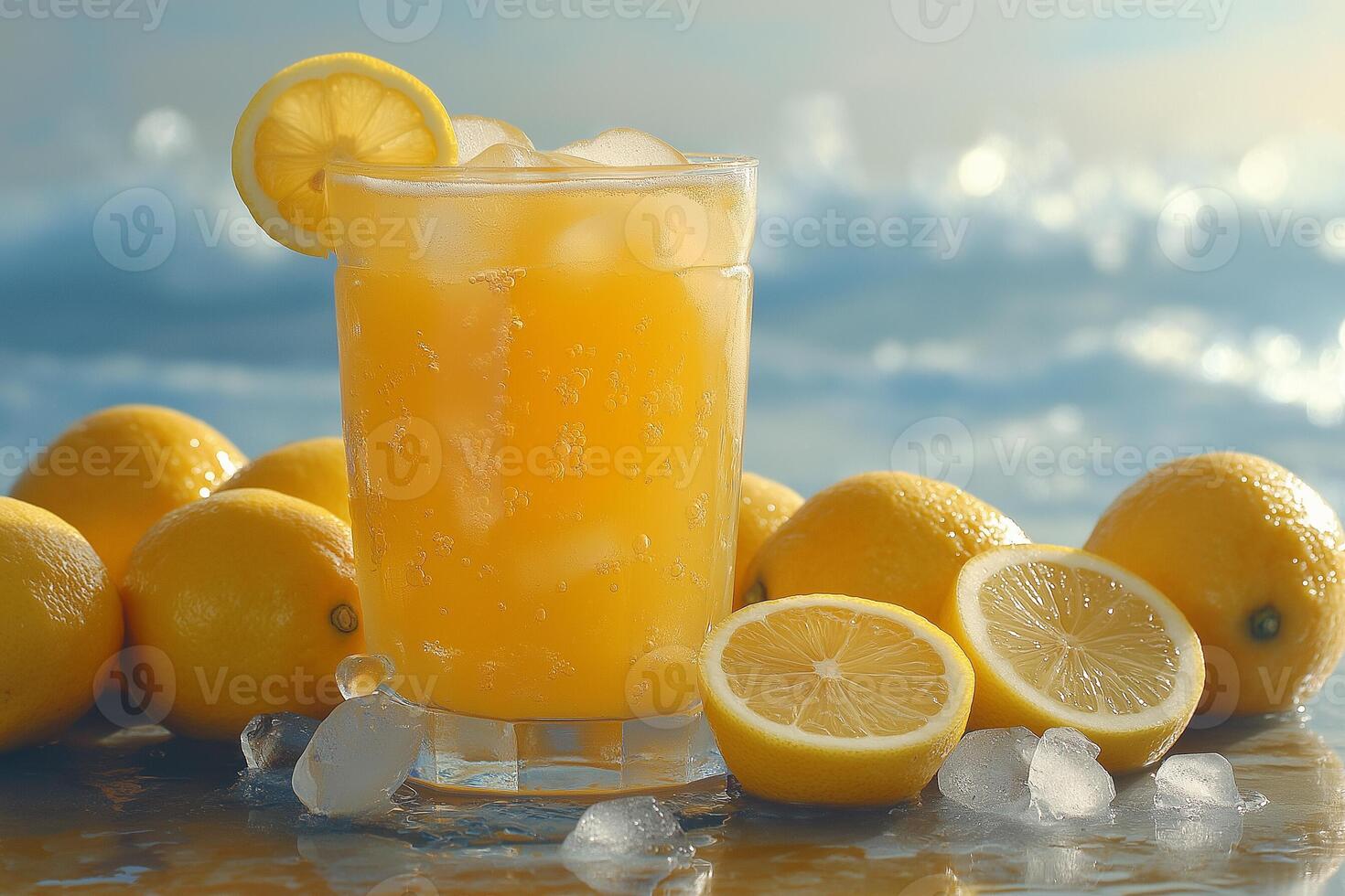 Refreshing lemon drink with ice and fresh lemons on a sunny beach in the early afternoon. photo