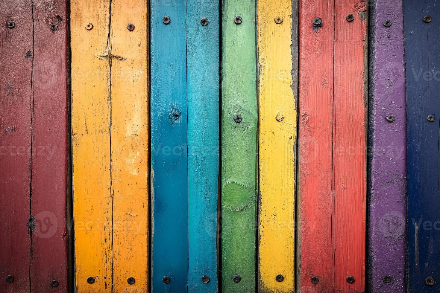 Vibrant wooden planks create a colorful backdrop in an artistic urban environment. photo