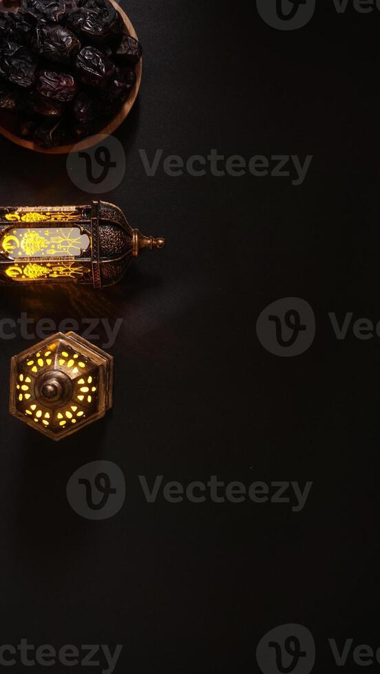 Ramadan Kareem Iftar Food, Dates Fruit or Kurma With Muslim Lantern Lamp photo
