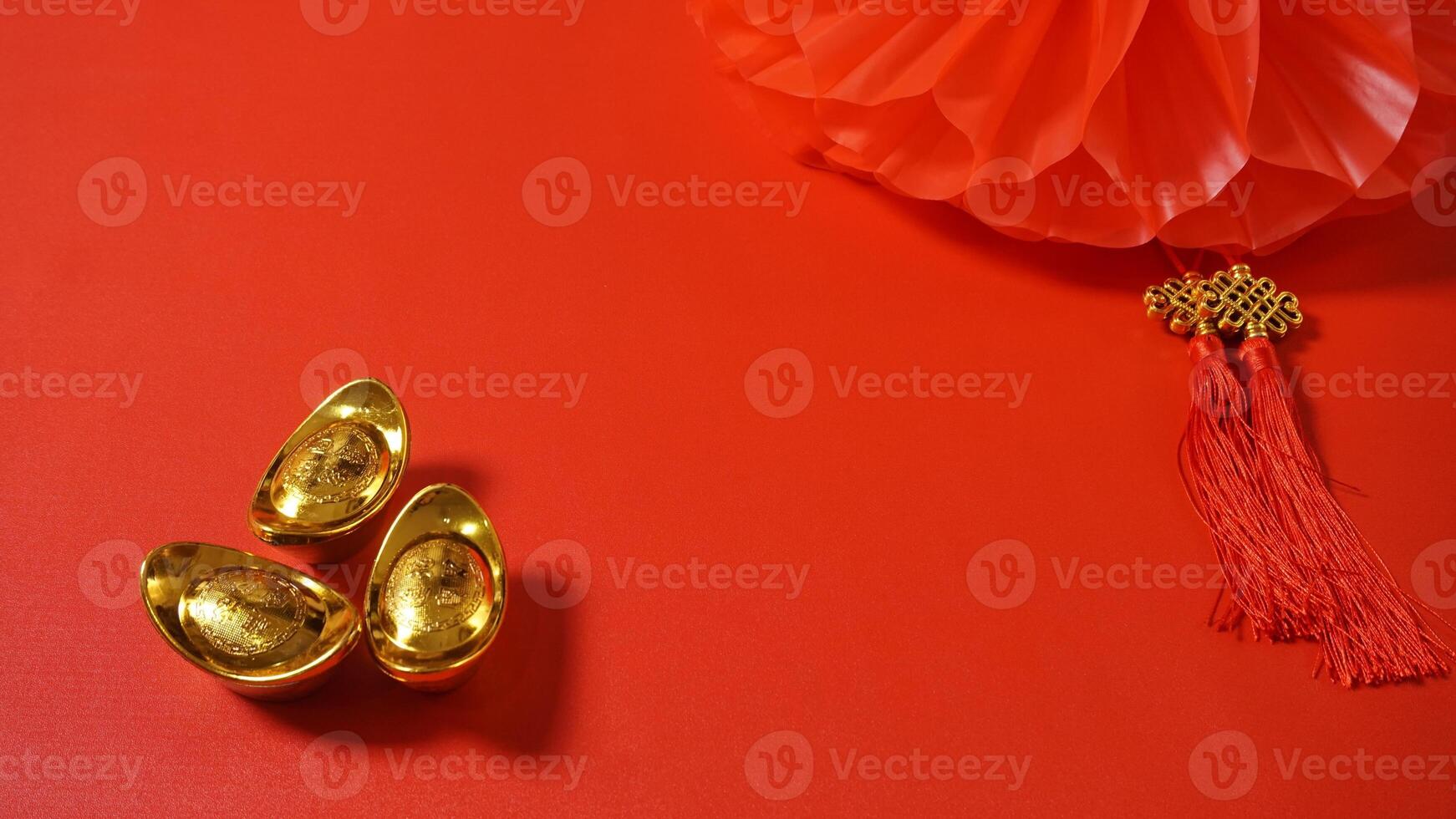 Chinese New Year Decoration on Red Background with Copy Space photo