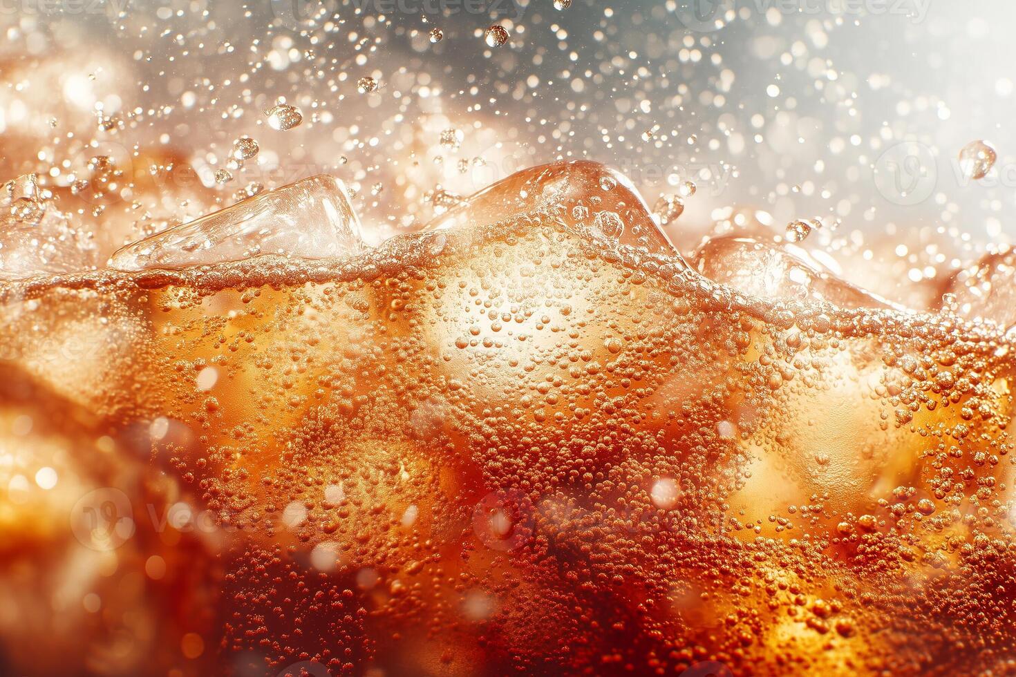 Bubbles cascade over caramel waves in a sparkling refreshment splash at sunset. photo