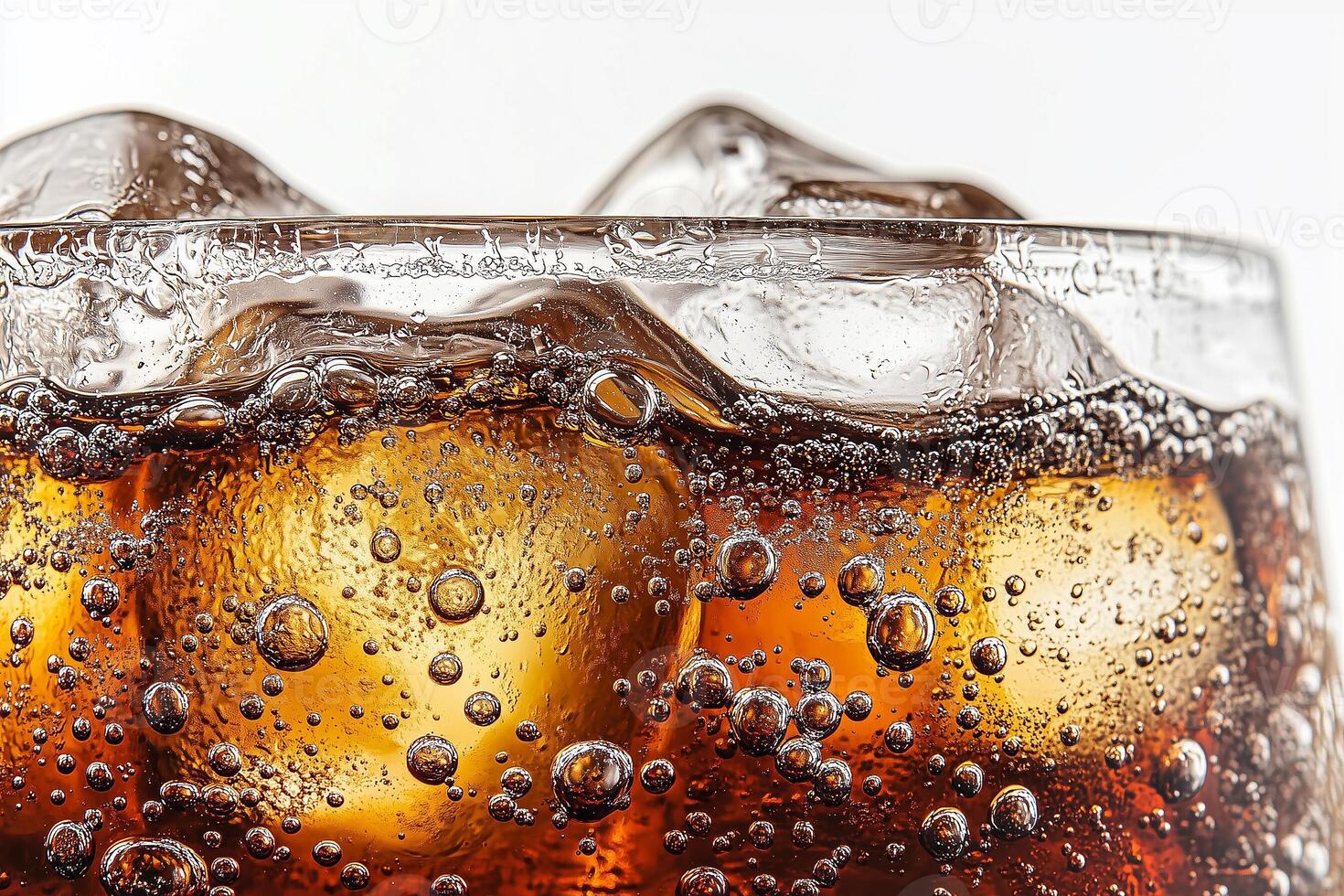 Refreshing dark soda fizzing over ice cubes in a clear glass on a bright background. photo