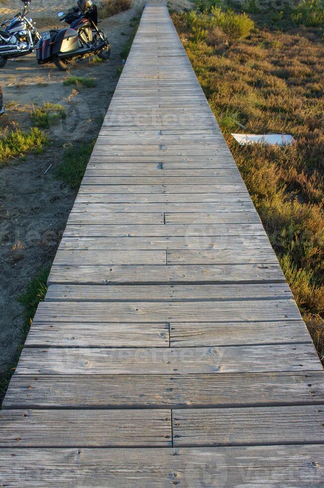 Sturdy wooden walkway leads through a serene landscape at sunset, inviting exploration and tranquility. photo