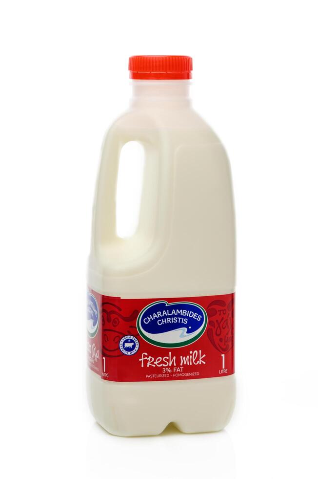 Gaziveren Cyprus -25.01.2025 Milk bottle with fresh dairy from local producers, showcasing quality and freshness in a vibrant package photo
