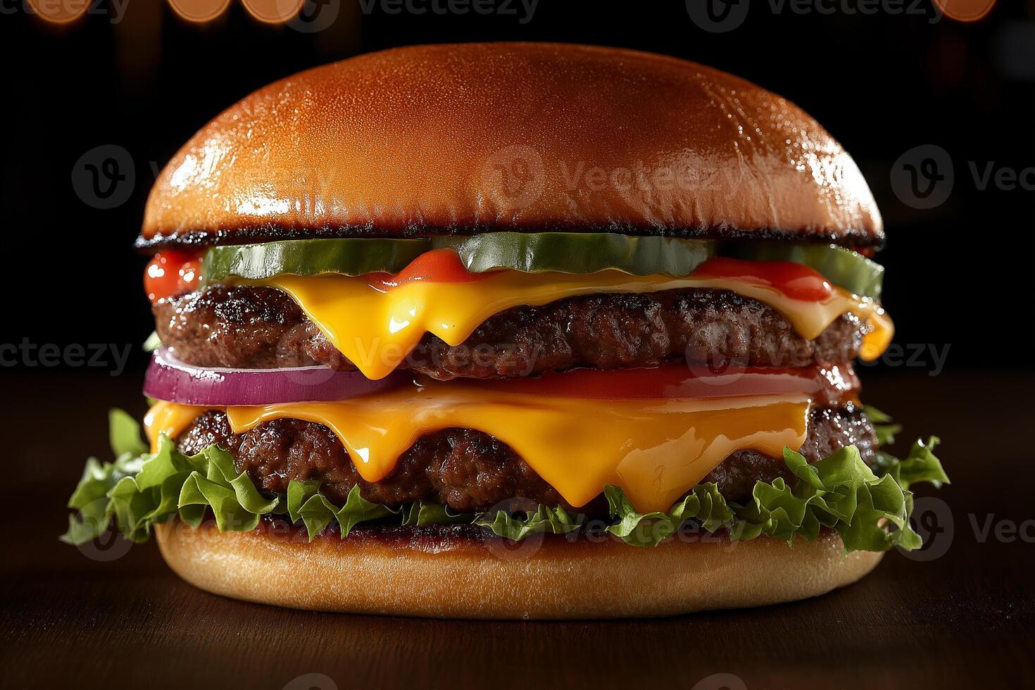 A mouthwatering double cheeseburger with fresh toppings shot in a cozy diner at night. photo