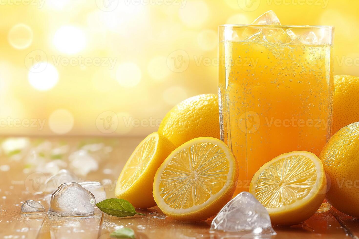 Refreshing glass of lemonade surrounded by fresh lemons and ice on a sunny wooden table. photo