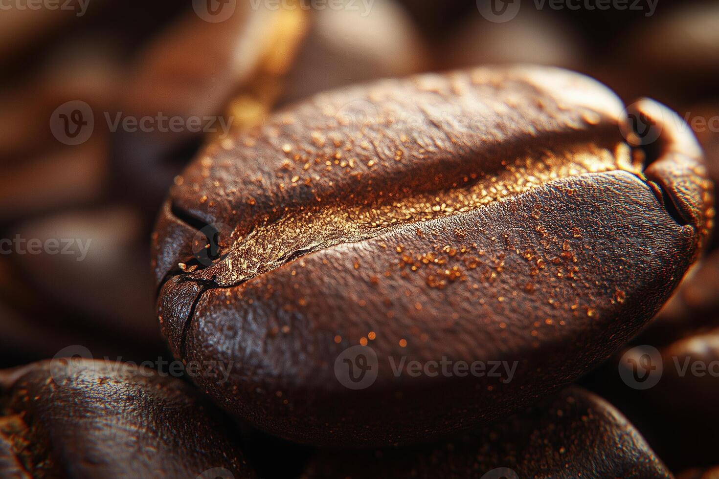 Richly roasted coffee beans glistening with golden highlights in a cozy cafe setting. photo