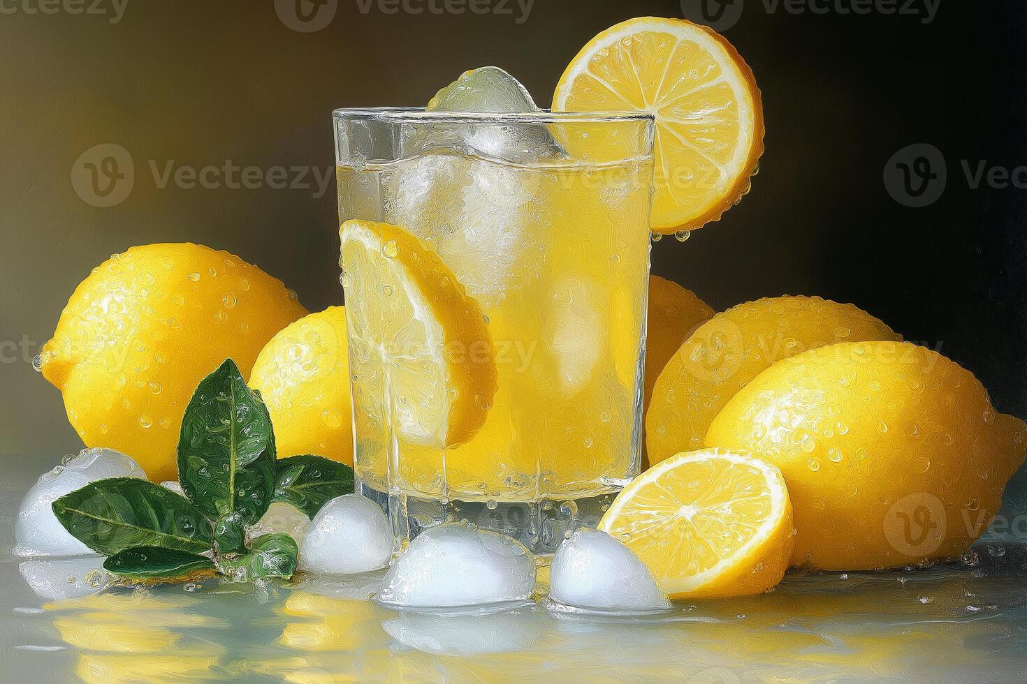 Refreshing lemonade served in a glass with ice and fresh lemons on a rustic table. photo