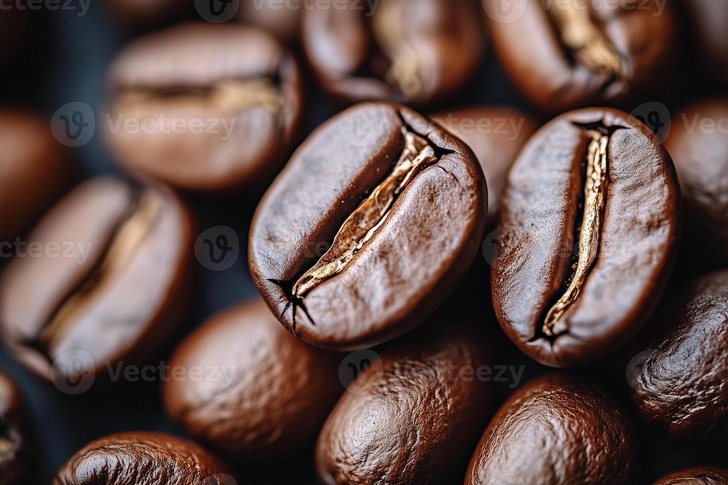 A close-up view of rich, dark roasted coffee beans scattered on a surface. photo