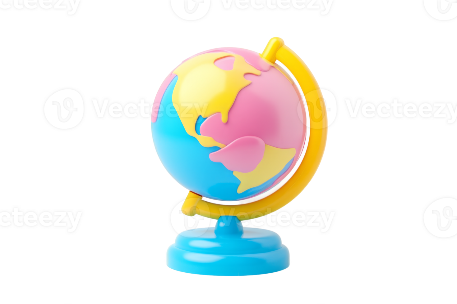 A toy globe on a stand with a yellow and blue base png