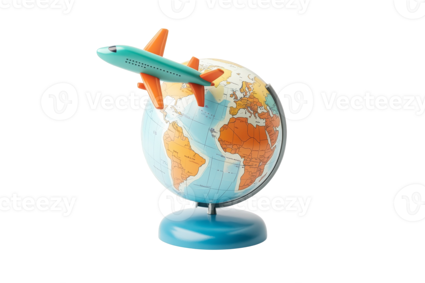 A toy airplane flying over a globe png