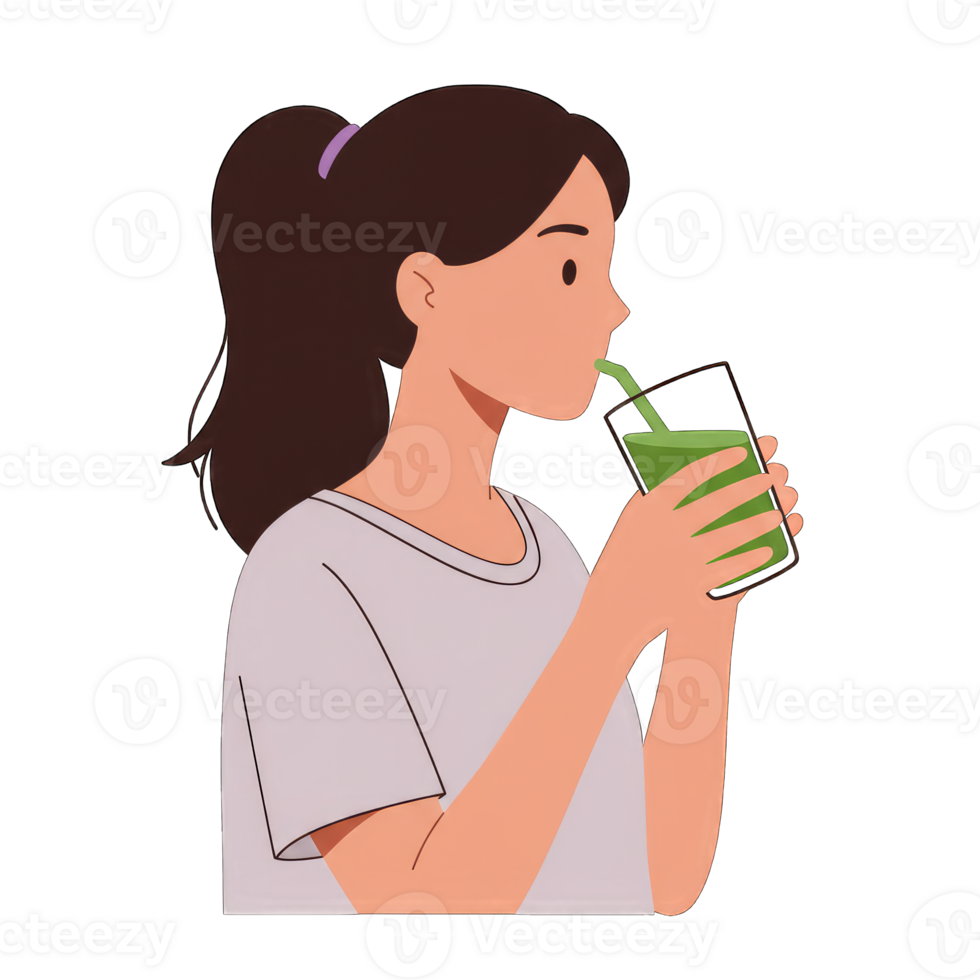 Cartoon girl drinking a green juice, casual and simple, transparent background png