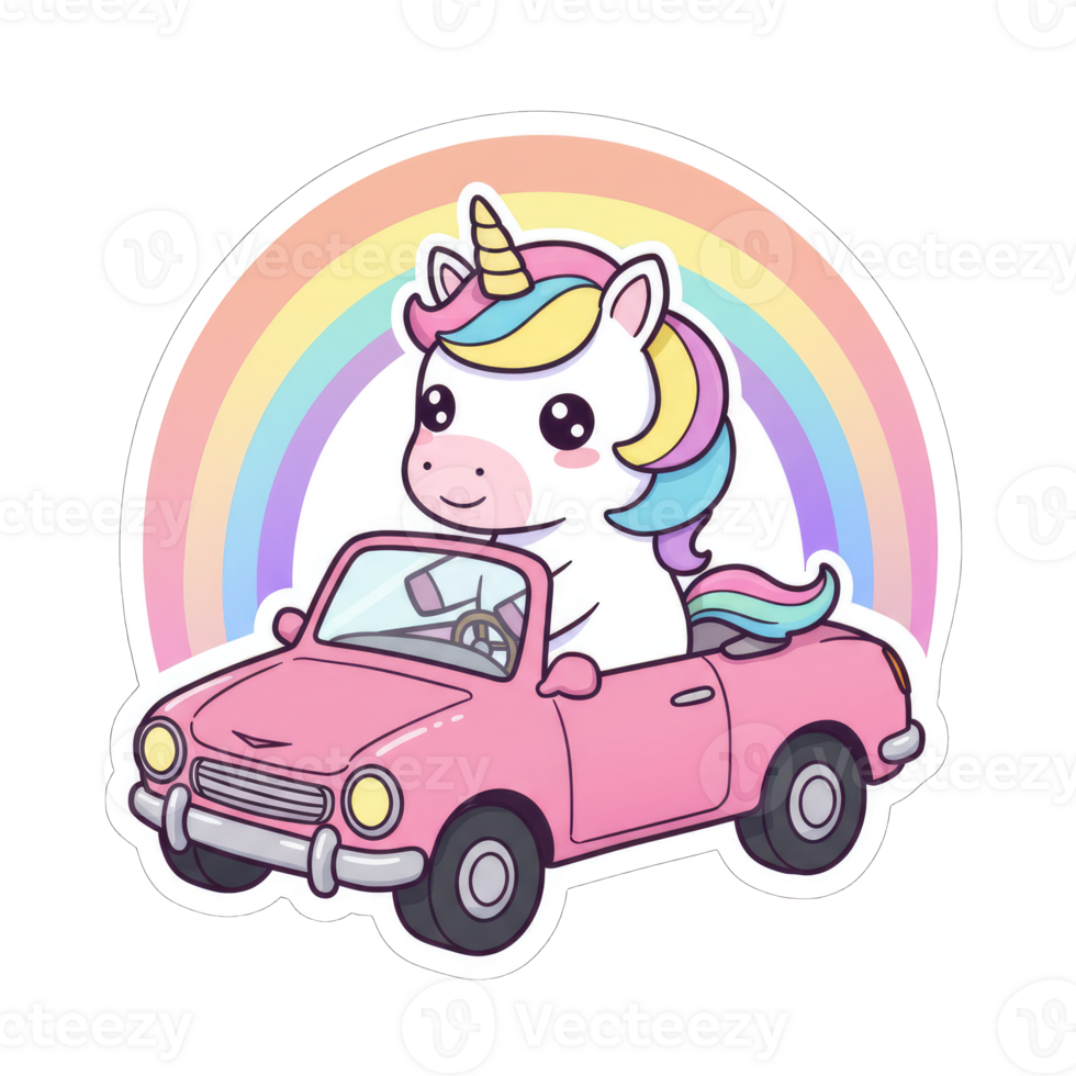 Adorable unicorn riding a pink car with a rainbow background, transparent background png