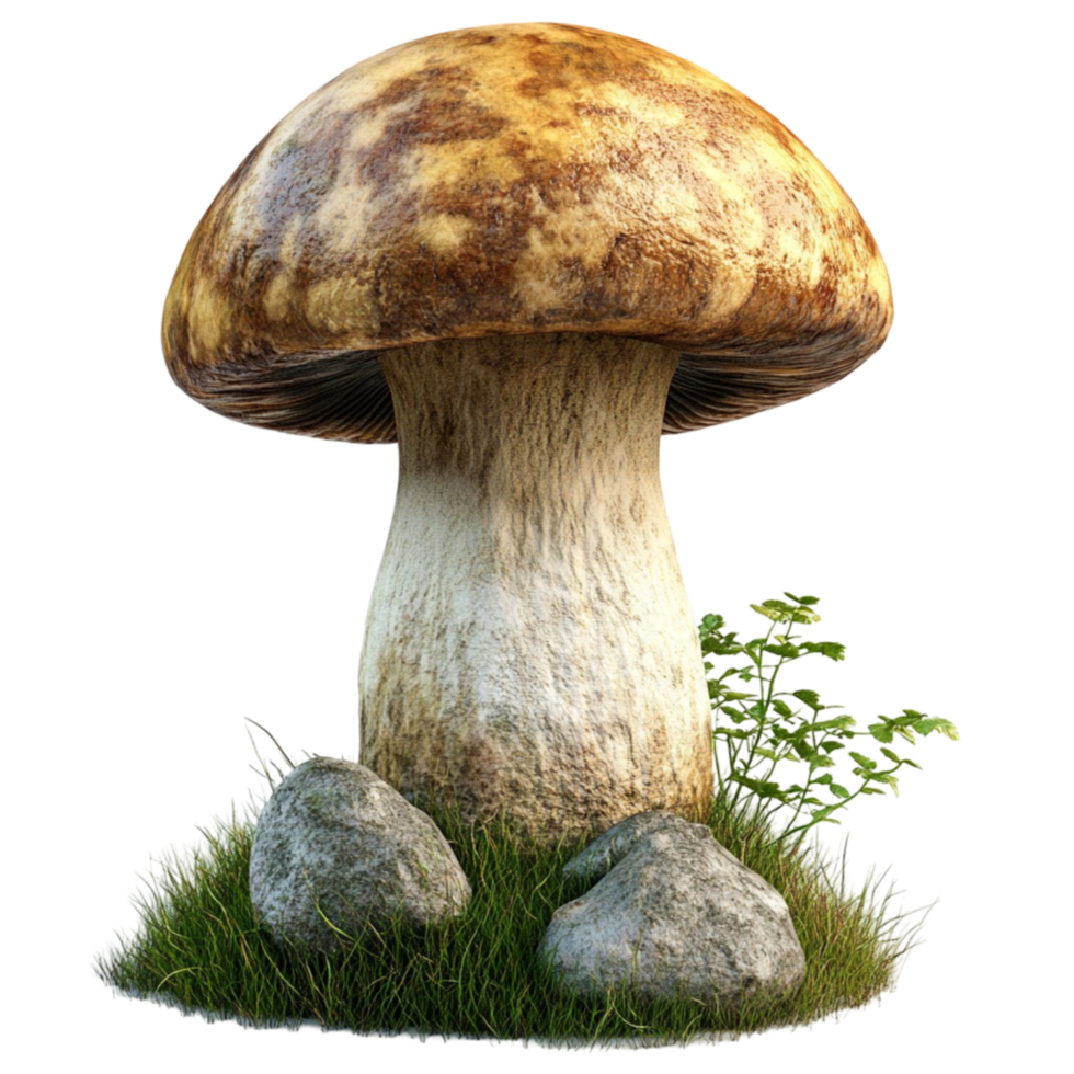 a mushroom is sitting on top of grass and rocks png
