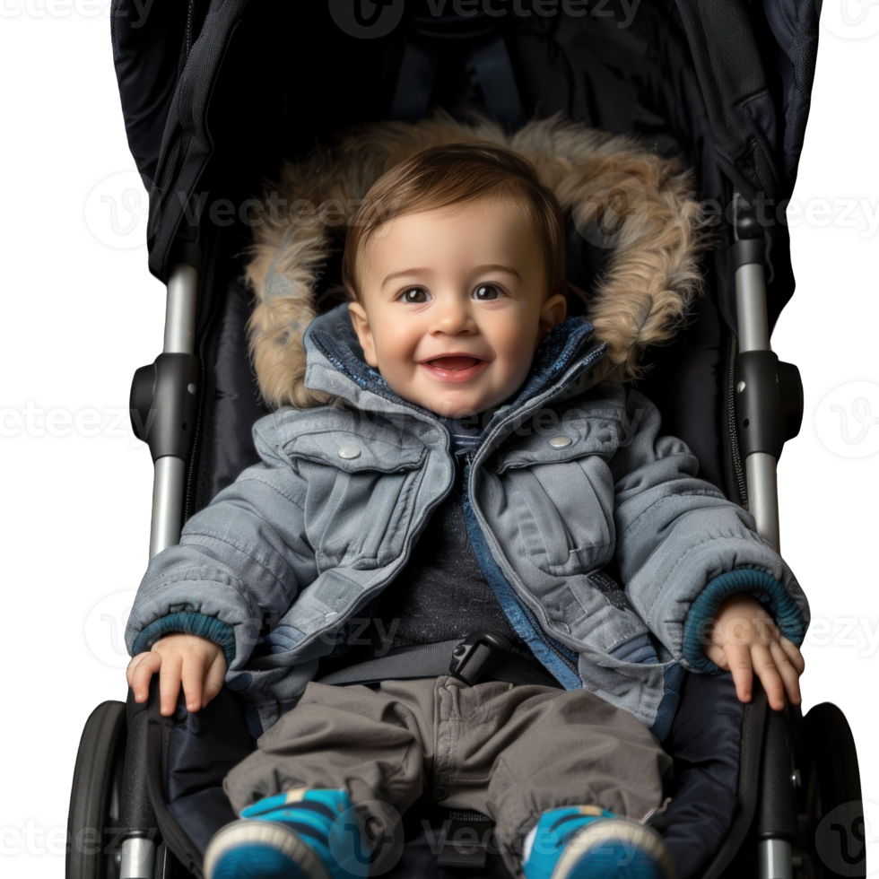 Photorealistic photo of cute smiling baby on stroller png