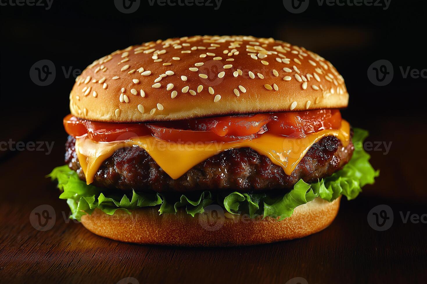 Juicy cheeseburger with fresh toppings on a wooden table, invitingly presented in the evening light. photo