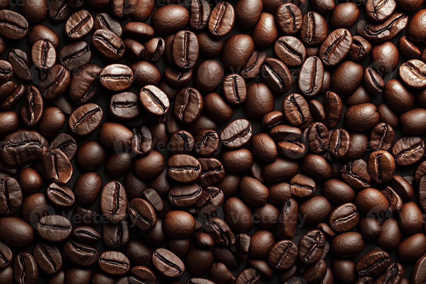 Richly roasted coffee beans scattered artfully on a dark surface, capturing the essence of brewed bliss. photo