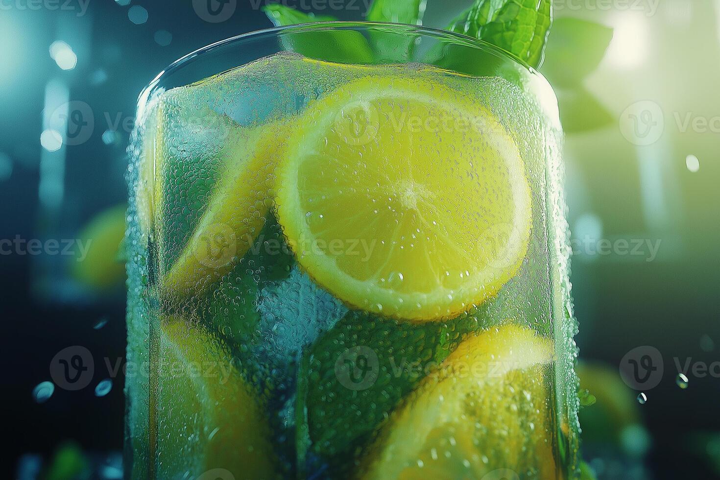 Refreshing summer drink with lemon slices and mint leaves in a cool glass surrounded by mist. photo