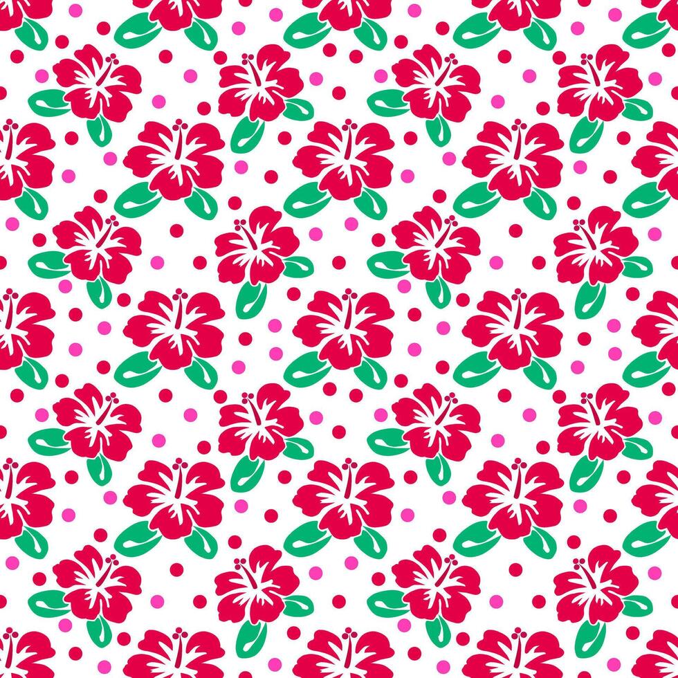 Red Hibiscus with polka dot on white background.. seamless pattern. vector