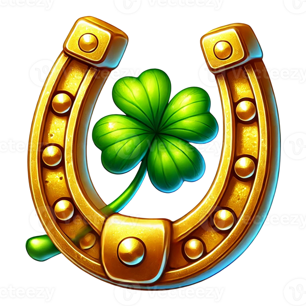 A golden horseshoe with a green clover symbolizing good luck. St. Patrick's day clipart cartoon png