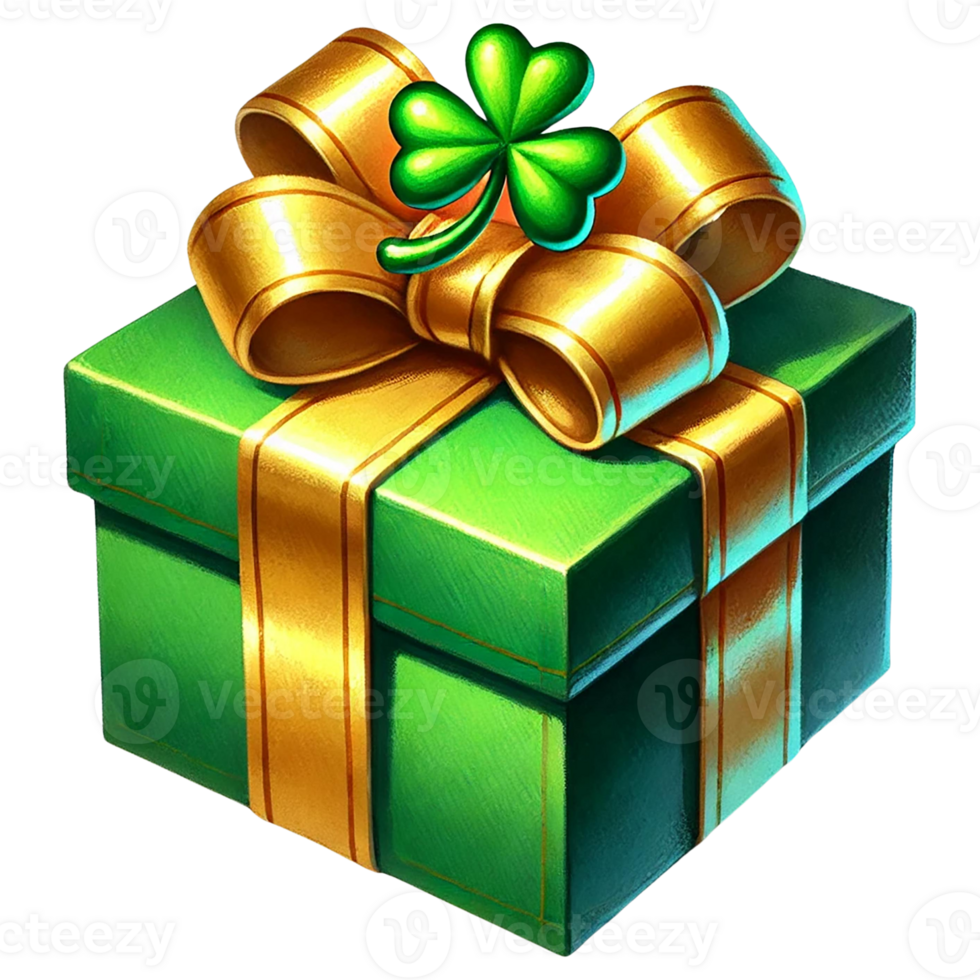 Decorative gift box with green color and golden ribbon. St. Patrick's day clipart cartoon png